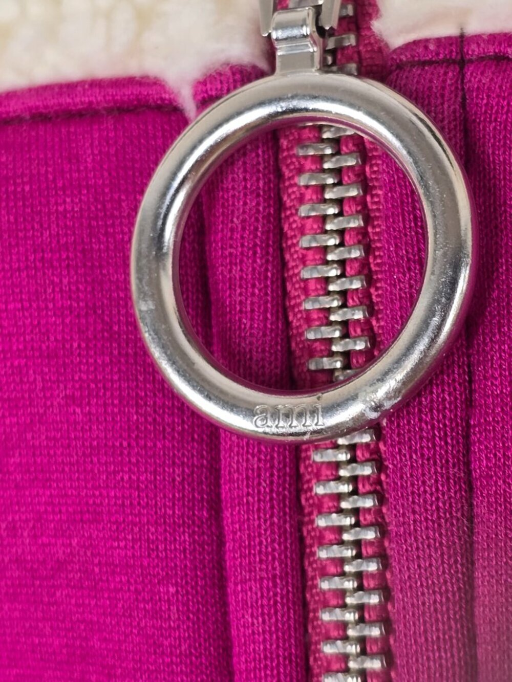 AMI Paris Ami de Cœur Faux Shearling Zipped Jacket Off White/Fuchsia Unisex - Picture 5 of 16